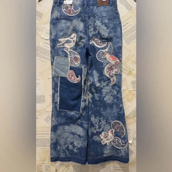 Free People Flying High Patched Jeans We The Free Embroidered Birds Print Blue - Picture 7 of 7